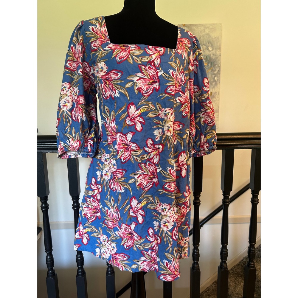 A New Day Blue Floral Cotton Linen‎ Square Neck Puff Sleeve Mini Dress L NEW